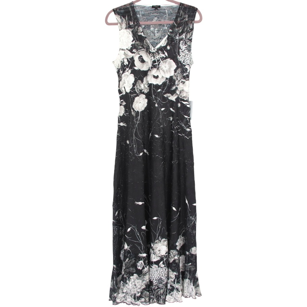 Komarov Dress Lace-Up Back Maxi Dress Size L Black White Floral Sleeveless NWT